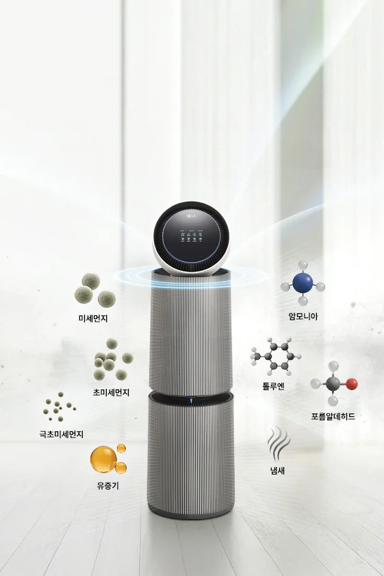 LG 퓨리케어 AI 오브제컬렉션 360˚ 공기청정기 주변에 미세먼지, 초미세먼지, 극초미세먼지, 유증기, 암모니아, 톨루엔, 폼알데하이드, 냄새 등의 오염 물질을 나타내는 그래픽 요소들이 배치되어 있고 각각의 이름이 적혀 있습니다. 공기청정기에서 나오는 공기 흐름과 AI 공기질 센서가 센싱하는 모습이 시각적으로 표현되어 있습니다.