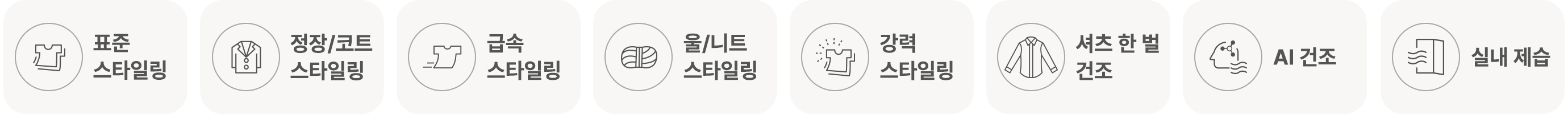 이미지는 다양한 스타일링과 건조 옵션을 설명하는 아이콘과 텍스트로 구성되어 있습니다. 각 아이콘은 특정 스타일링이나 건조 방법을 나타내며, 다음과 같은 텍스트가 포함되어 있습니다. 표준 스타일링, 정장/코트 스타일링, 급속 스타일링, 울/니트 스타일링, 강력 스타일링, 셔츠 한 벌 건조, 인공지능 건조, 실내 제출. 각 아이콘은 해당 기능을 시각적으로 나타내고 있습니다.