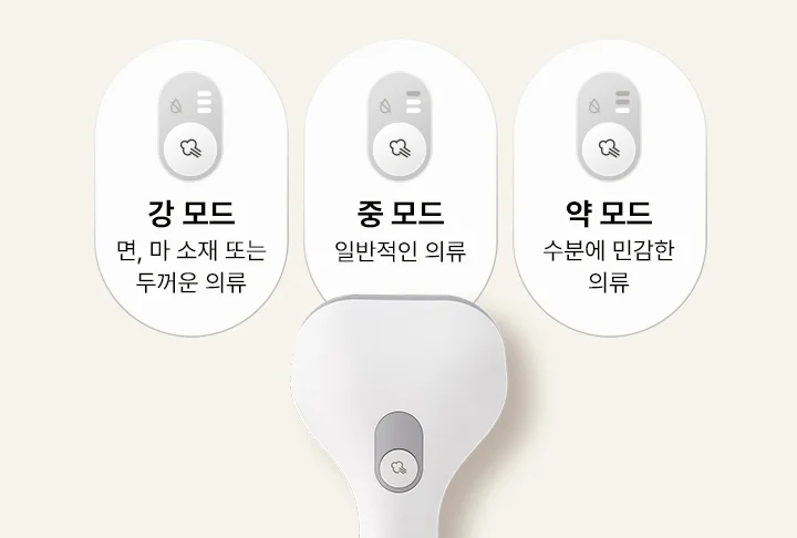 이미지에는 세 가지 모드가 설명되어 있습니다. 강 모드는 면, 마 소재 또는 두꺼운 의류에 적합하며, 중 모드는 일반적인 의류에 사용됩니다. 약 모드는 수분에 민감한 의류에 적합합니다. 각 모드에 해당하는 버튼이 함께 표시되어 있습니다. 아래에는 버튼이 있는 기기 이미지가 있습니다.